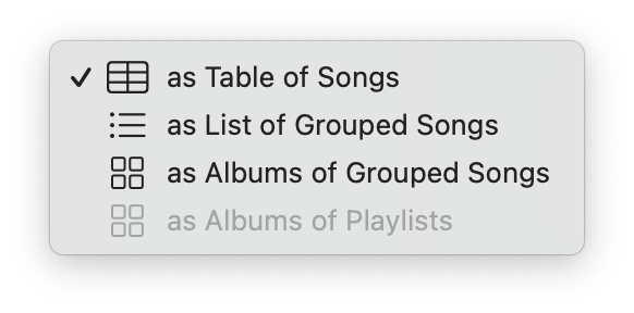 The playlist view type pop-up menu